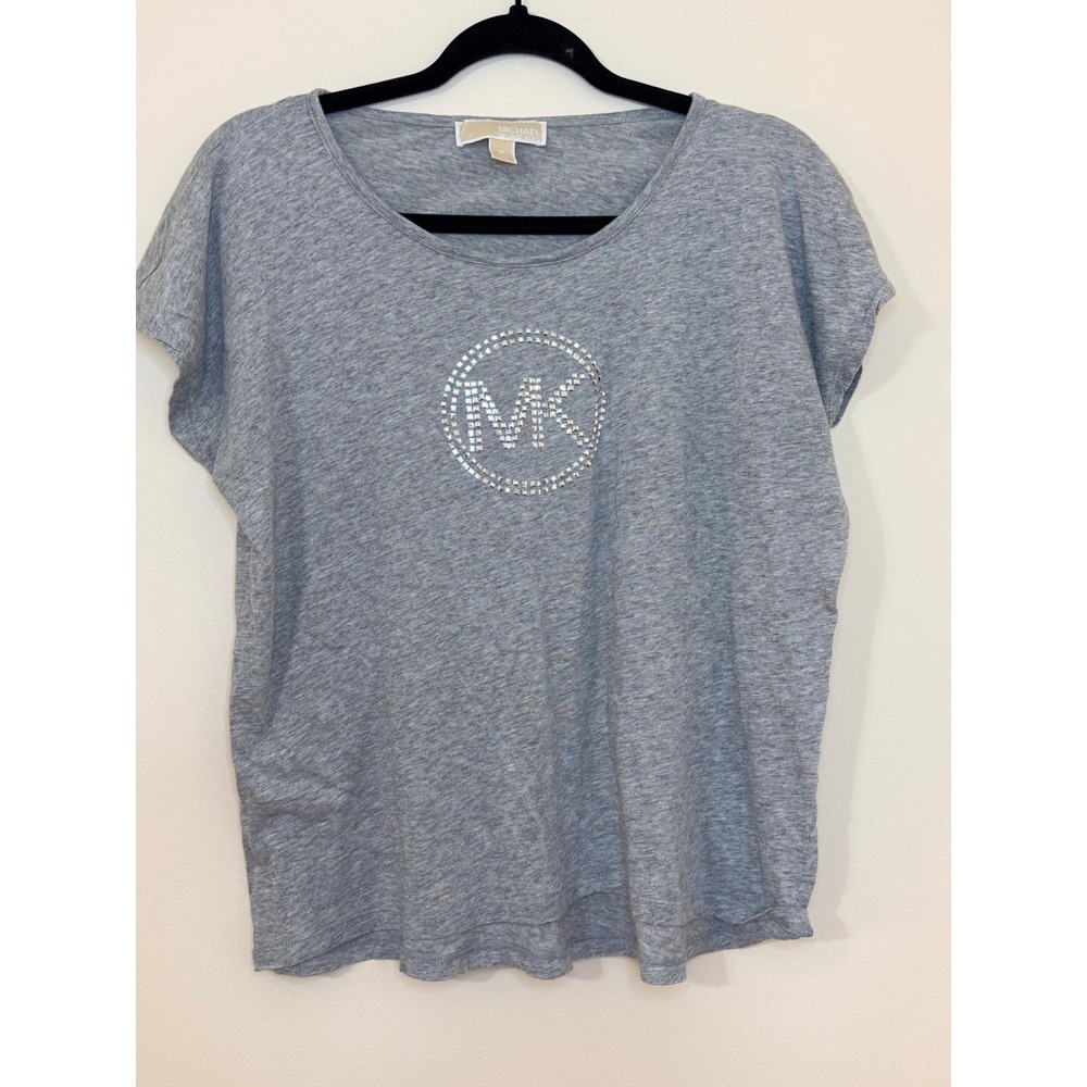 Michael Michael Kors Womens Gray Studded MK Logo Short Sleeve T-Shirt Size M